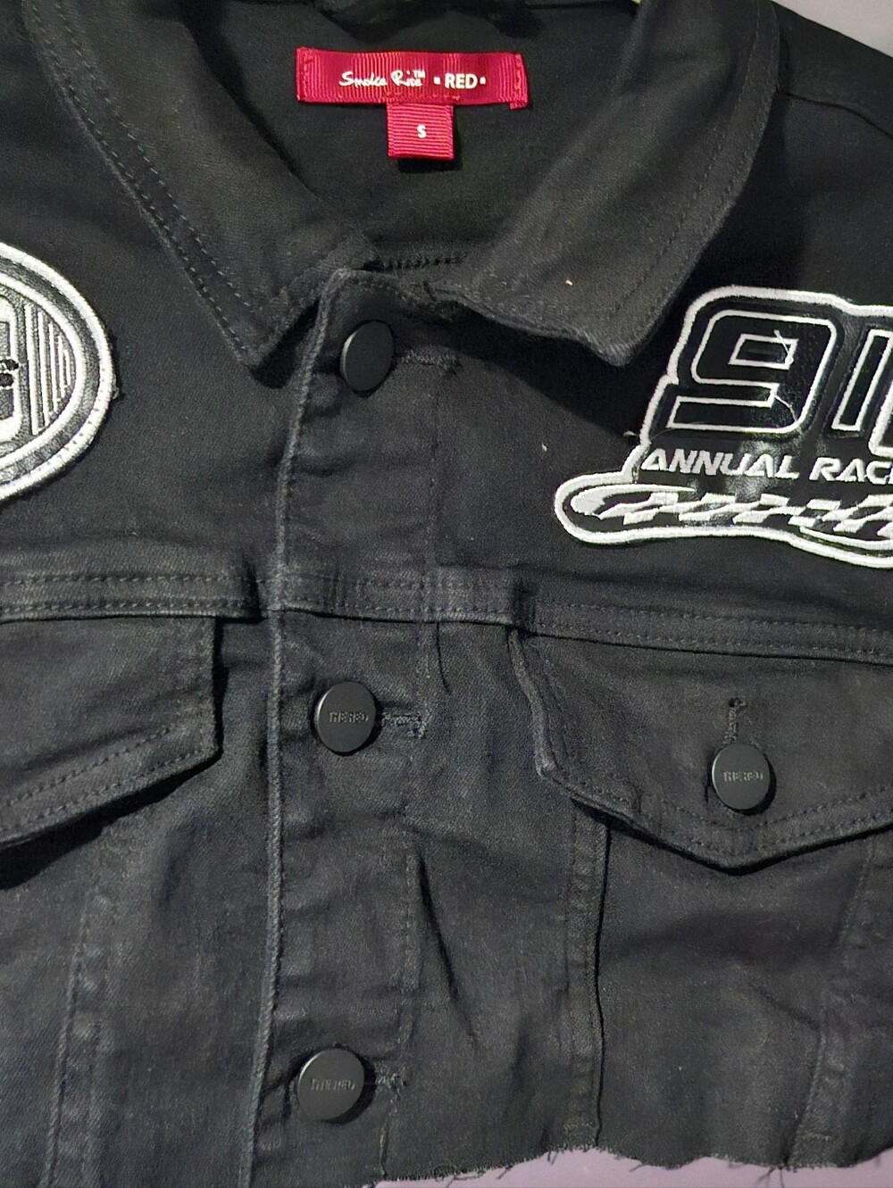 Black Women's Varsity Jacket with Racing Patches - Red Label